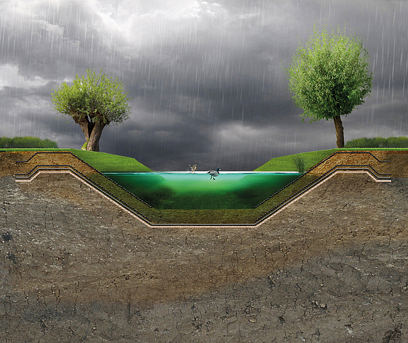 Flood spillway with installed geosynthetic concrete mats Flood relief channel sealed with geosynthetic concrete mats to prevent erosion and simplify channel rehabilitation